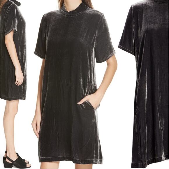 NWT Eileen Fisher Dress Crushed Velvet Mock Neck Tie Back Sheath Oversized - Picture 1 of 16